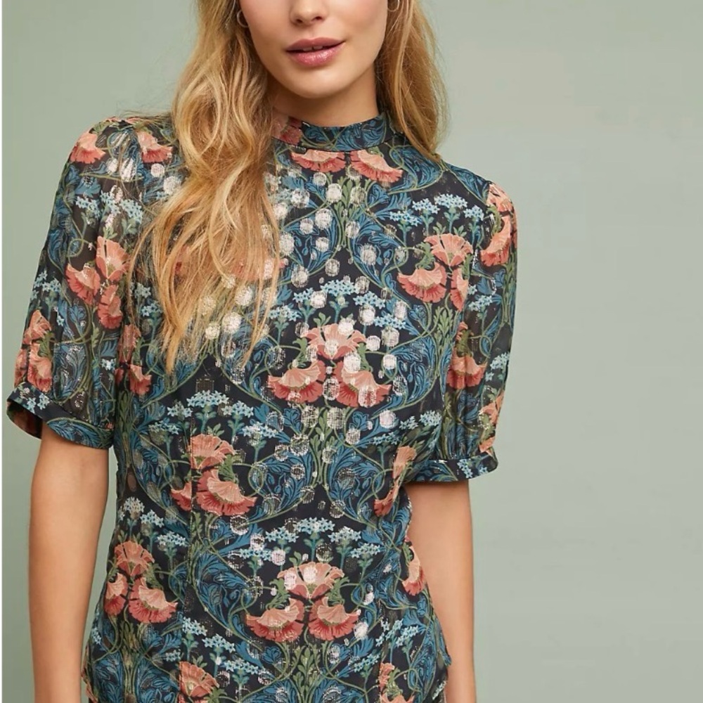Anthropologie Navy Floral Mock-Neck Short-Sleeve Blouse